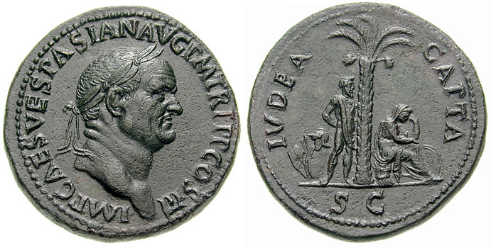 Vespasian ließ anlässlich seines Sieges über die Judäer Münzen mit der Aufschrift: "Judea Capta" Quelle: .http://www.cngcoins.com